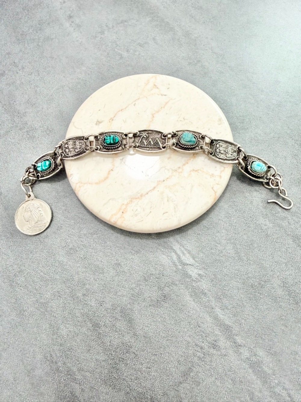 Vintage Revival Egyptian Bracelet Ceramic Blue Scarabs Siver Tone Hieroglyphics